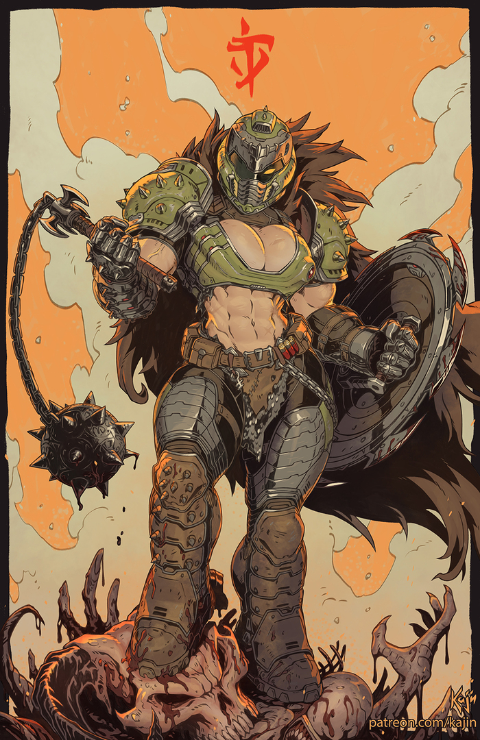 Палач Рока - 18+, Kajinman, Арт, Doom, Doomguy, Правило 63, Muscleart, Крепкая девушка, Рисованная эротика, Эротика, Мускулы, NSFW