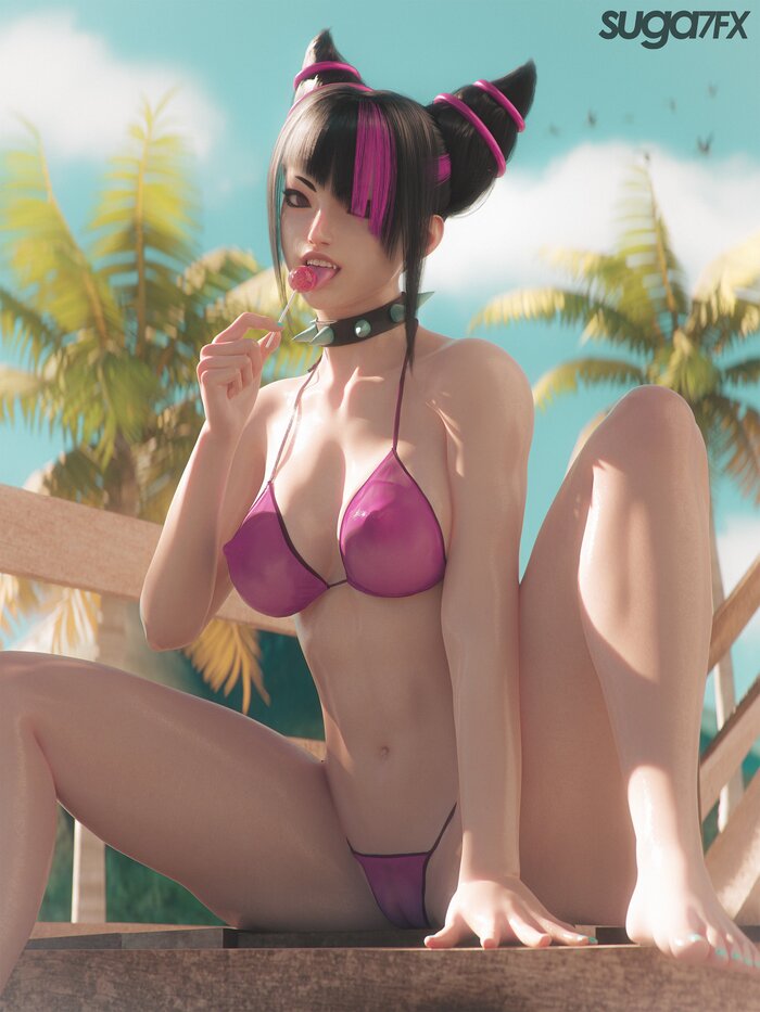 Juri Han - NSFW, Erotic, Art, Juri han, Street fighter, Street Fighter VI, Girls, Boobs, Swimsuit, Nudity, Choker, Chupa Chups, Palm trees, Labia, Pubes, Longpost