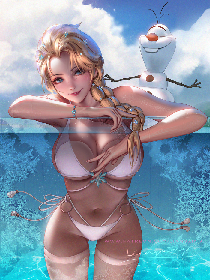 Elsa: Do you want a cool summer? - NSFW, Erotic, Boobs, Anime art, Girls, Anime, Liang xing, Cold heart, Elsa, Stockings, Olaf