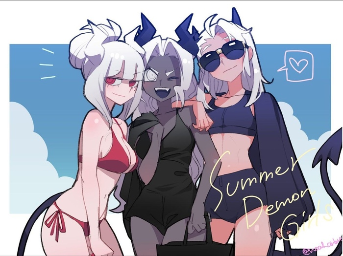 Three girls on the beach - NSFW, Anime art, Anime, Helltaker, Justice, Lucifer, Judgment