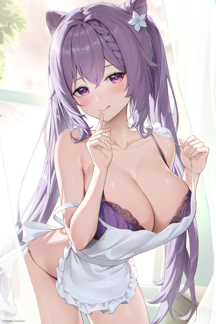 Ke Qing - NSFW, Genshin impact, Keqing, Art, Girls, Games, Anime, Boobs, Hand-drawn erotica, Apron, Rosumerii