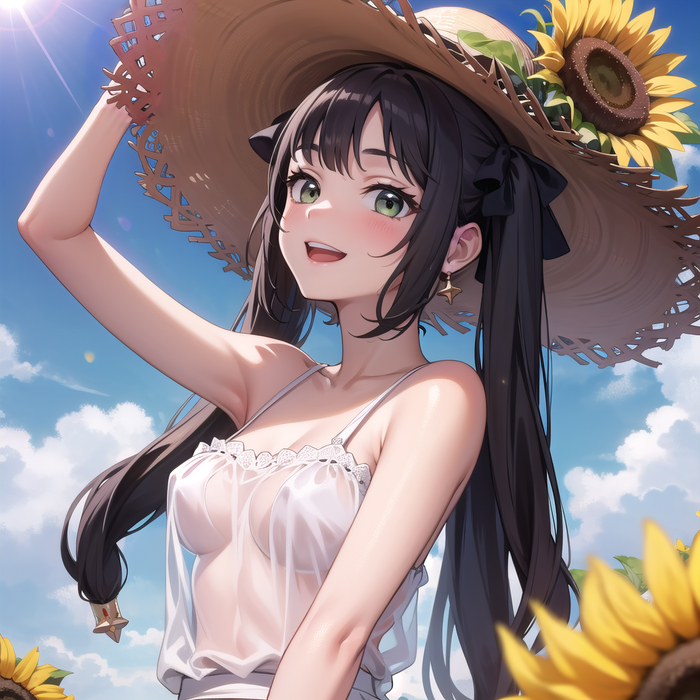 Continuation of the post Summer Mona - NSFW, Genshin impact, Mona, Anime art, Art, Neural network art, Boobs, Sunflower, Reply to post