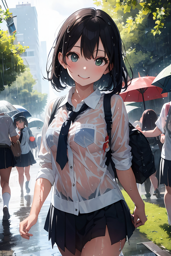 Summer rain - NSFW, My, Stable diffusion, Нейронные сети, Girls, Art, Anime, Anime art, Original character, Rain, Boobs, Wet T-shirt