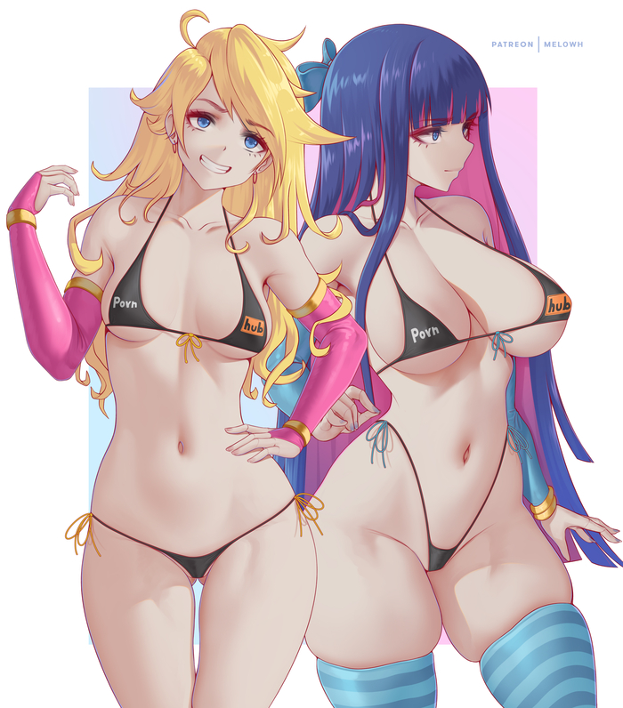 Truska and Stocking at a new job - NSFW, Anime, Anime art, Art, Panty Stocking with Garterbelt, Stocking Anarchy, Melowh, Swimsuit, Boobs, Stockings, Thighs, Hand-drawn erotica, Erotic
