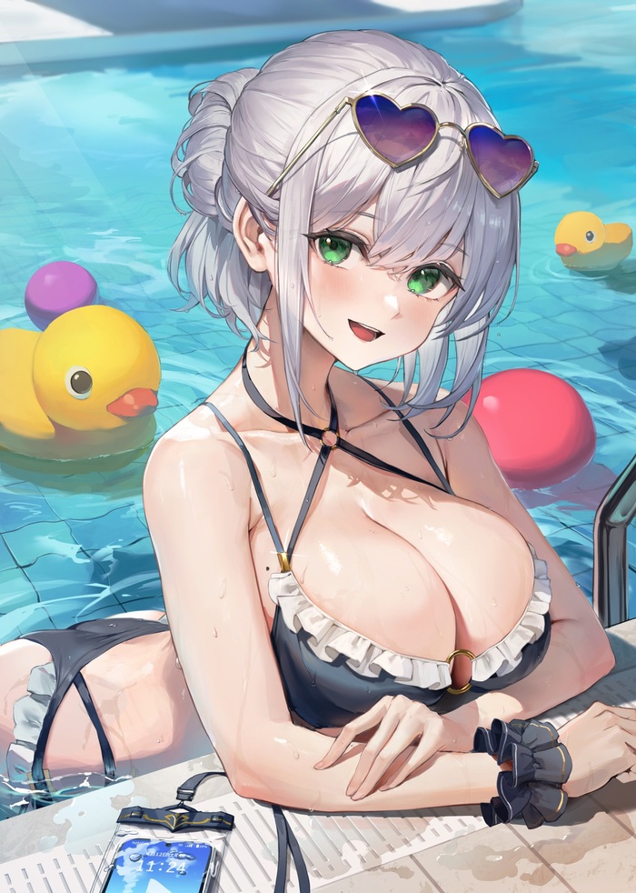 Shirogane Noel - NSFW, Anime, Anime art, Art, Hololive, Virtual youtuber, Swimsuit, Boobs, Erotic, Hand-drawn erotica, Shirogane noel