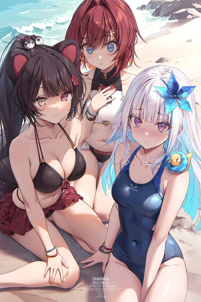 Nijisanji girls - NSFW, Anime, Anime art, Art, Nijisanji, Ange Katrina, Toko Inui, Swimsuit, Beach, Erotic, Hand-drawn erotica, Lize Helesta