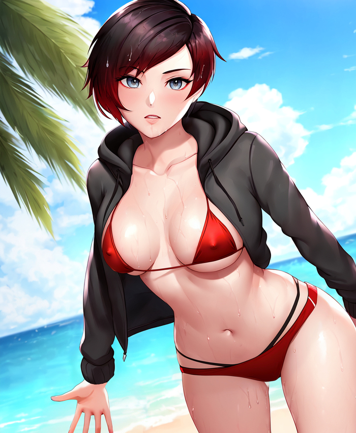 Ruby - NSFW, RWBY, Ruby rose, Anime art, Art, Neural network art, Swimsuit, Nipples, Sea, Gorgeous, Drawing, Navel, Water, Clouds, Sky, Anime, Boobs