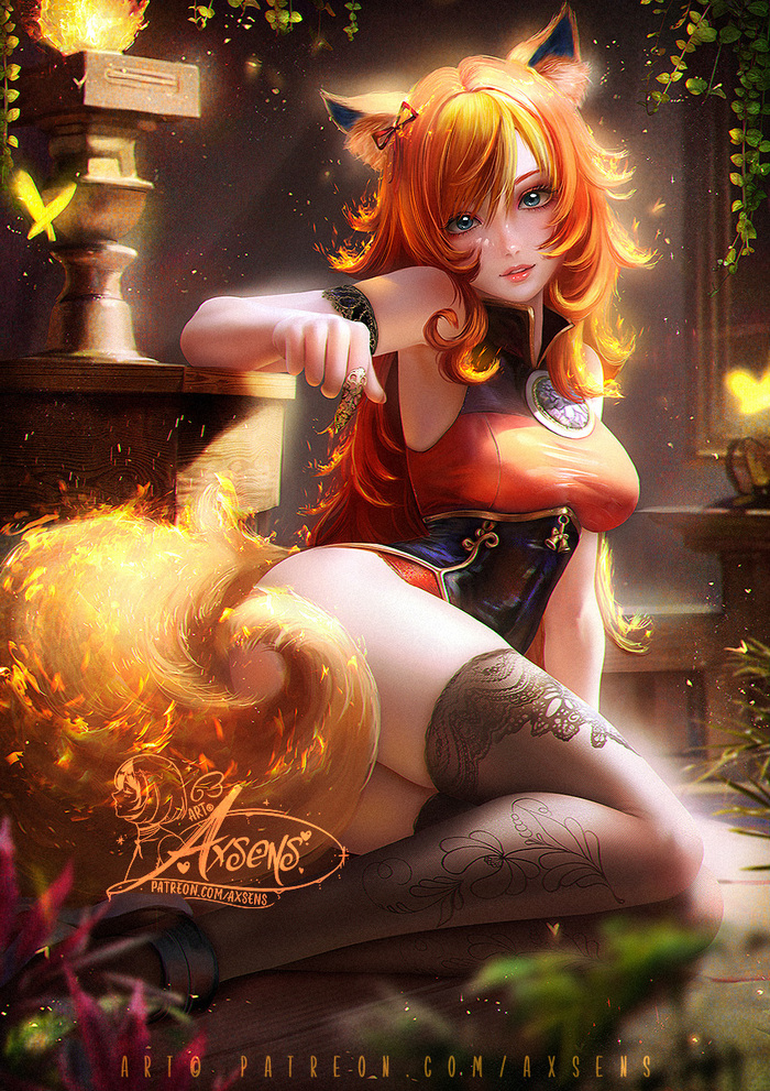 Flareon - NSFW, Erotic, Booty, Anime art, Girls, Hand-drawn erotica, Anime, Art, Pokemon, Stockings, Humanization, Axsens, Tail, Animal ears, Flareon