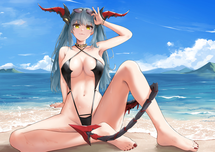 Regensburg - NSFW, Erotic, Art, Regensburg, Azur lane, Girls, Girl with Horns, Bikini, Swimsuit, Sea, Hand-drawn erotica, Anime art