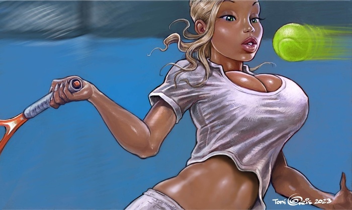 Will he beat it off? - NSFW, Images, Girls, Boobs, Blonde, Tennis, Drawing, Art