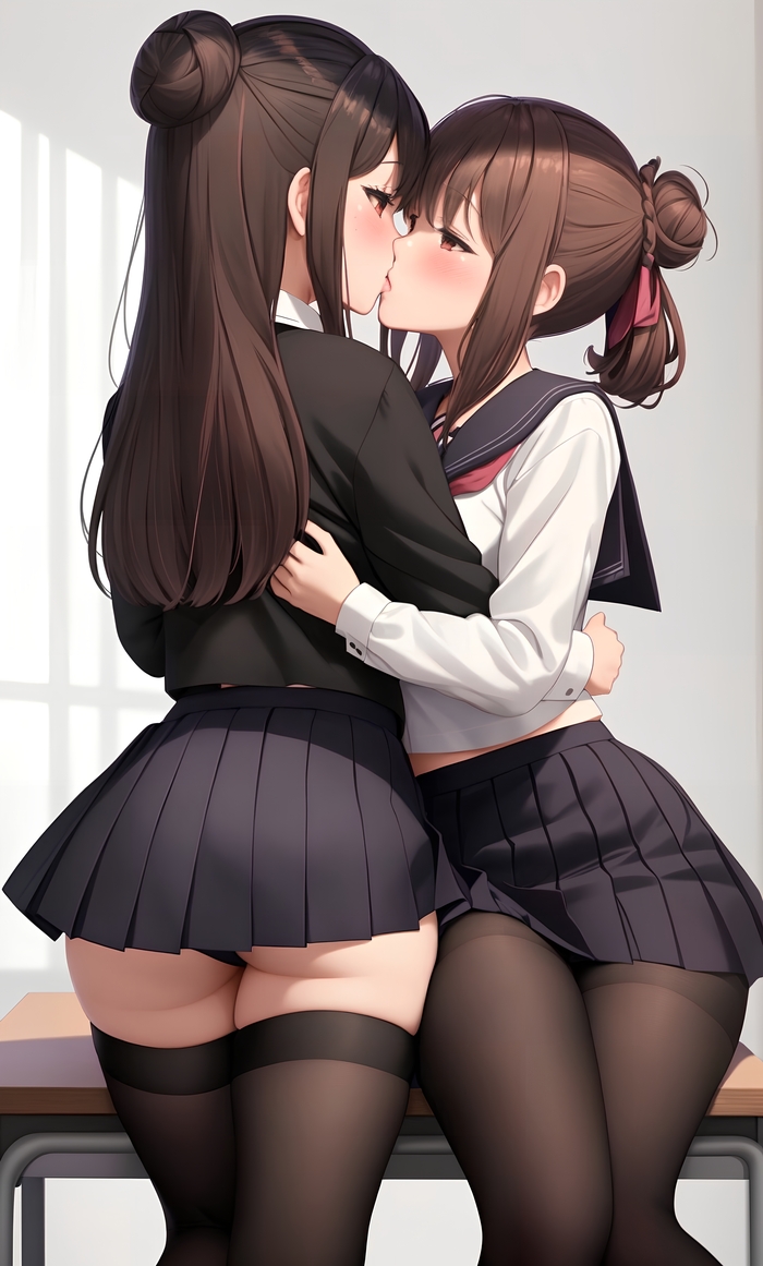 Girlfriends - NSFW, My, Anime, Anime art, Neural network art, Art, Girls, Stockings, Mini skirt, Kiss