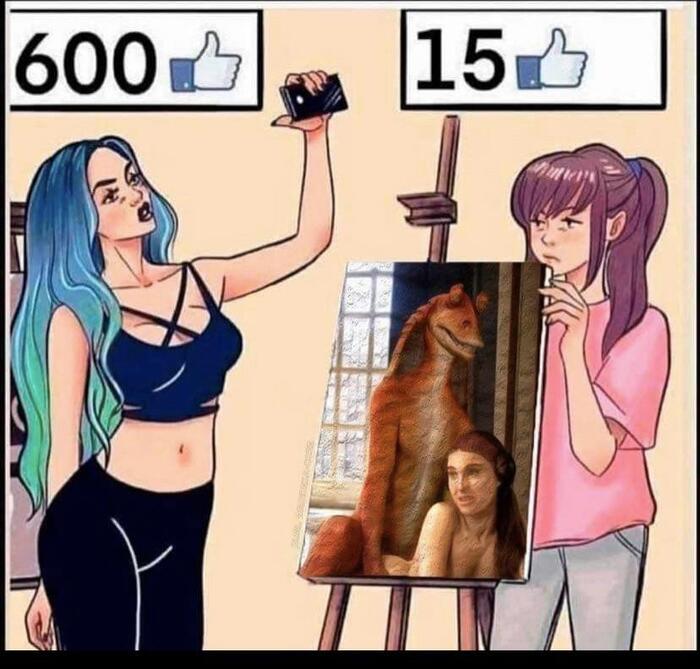 Art is undervalued on social media - NSFW, Humor, Satire, Social networks, Oil painting, Star Wars, Princess Leia, Jar Jar Binks, Painting, Padme Amidala, Selfie, Repeat