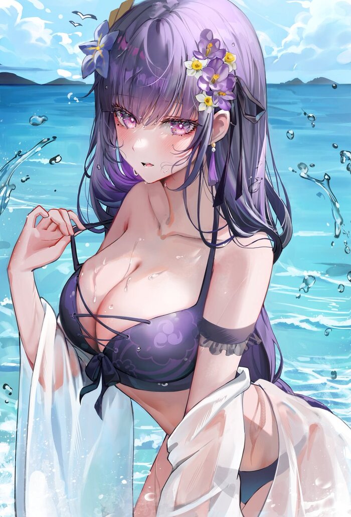 Hey - NSFW, Anime art, Anime, Raiden shogun, Genshin impact, Sea, Swimsuit