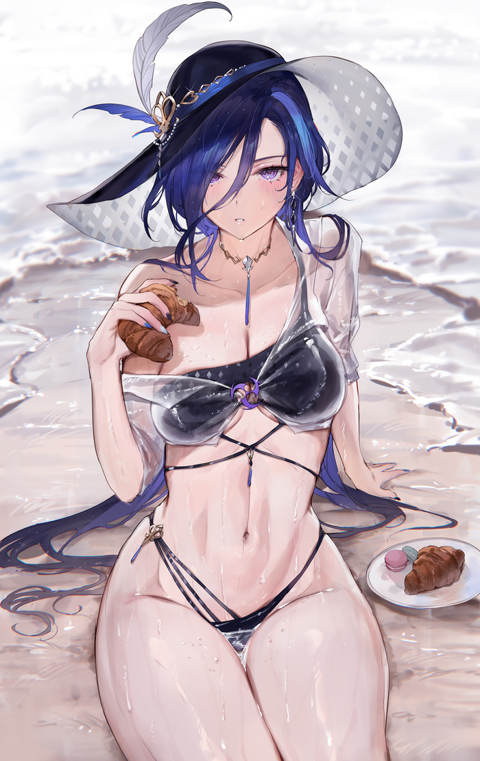 Clorinde - NSFW, Anime, Anime art, Art, Games, Genshin impact, Clorinde, Beach, Sea, Erotic, Hand-drawn erotica, Swimsuit