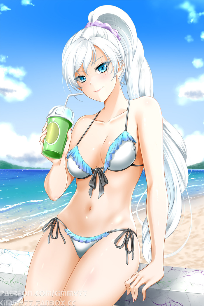 Weiss - NSFW, Anime, Anime art, Weiss schnee, Topless, Boobs, Stomach, Navel, Beach, RWBY, Kimmy77, Longpost, Swimsuit, Topless