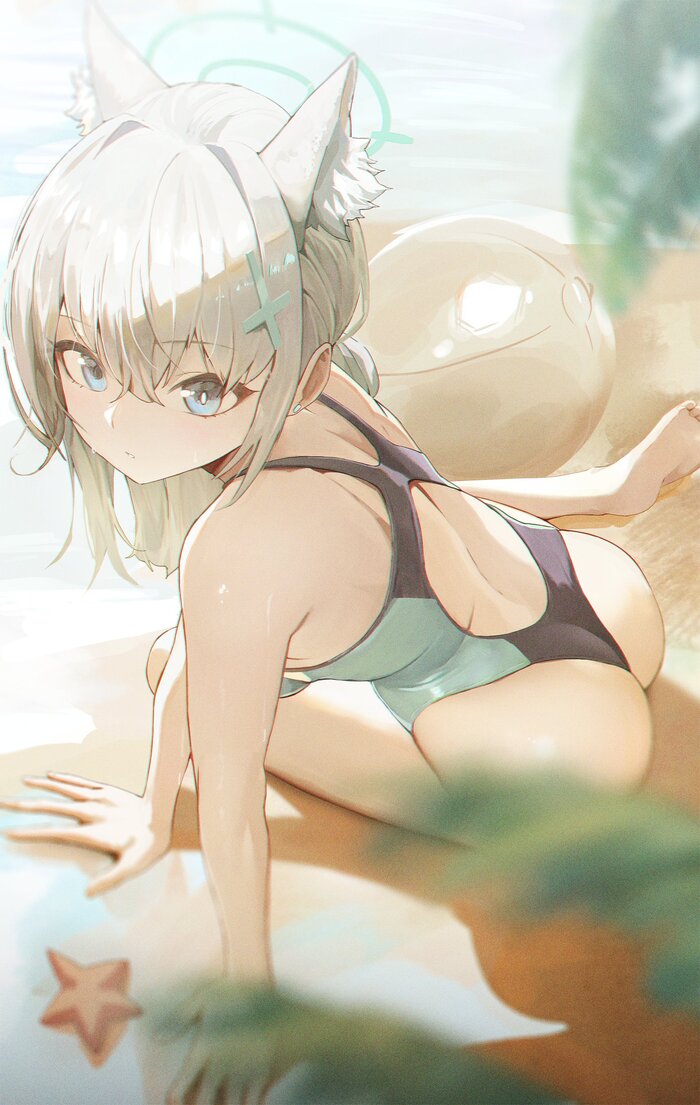 Sunaookami Shiroko - NSFW, Anime, Anime art, Art, Girls, Sunaookami shiroko, Blue archive, Games, Swimsuit, Booty, Animal ears