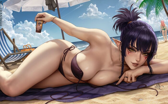 Will you smear me with suntan lotion? - NSFW, Drawing, Girls, Beach, Relaxation, Swimsuit, Original character, Valerie, Art, Sciamano240