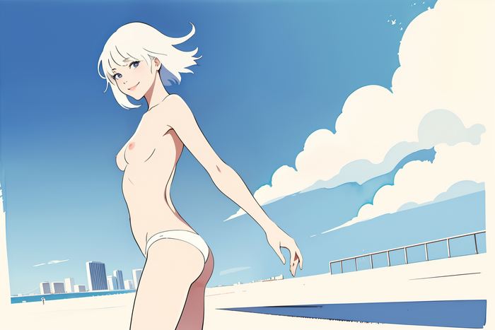 Blue sky - NSFW, My, Neural network art, Нейронные сети, Girls, Art, Stable diffusion, Original character, Boobs, Sky, Summer, Anime art