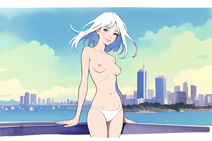 Blue sky - NSFW, My, Neural network art, Нейронные сети, Girls, Art, Stable diffusion, Original character, Boobs, Sky, Summer, Anime art