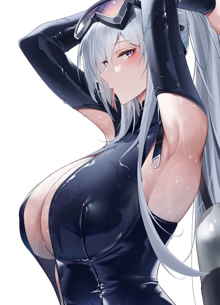 Enterprise from Azur Lane in a swimsuit by larger bmx - NSFW, Anime, Anime art, Hand-drawn erotica, Azur lane, Boobs, Armpits, Swimsuit, Swimming goggles, Long hair