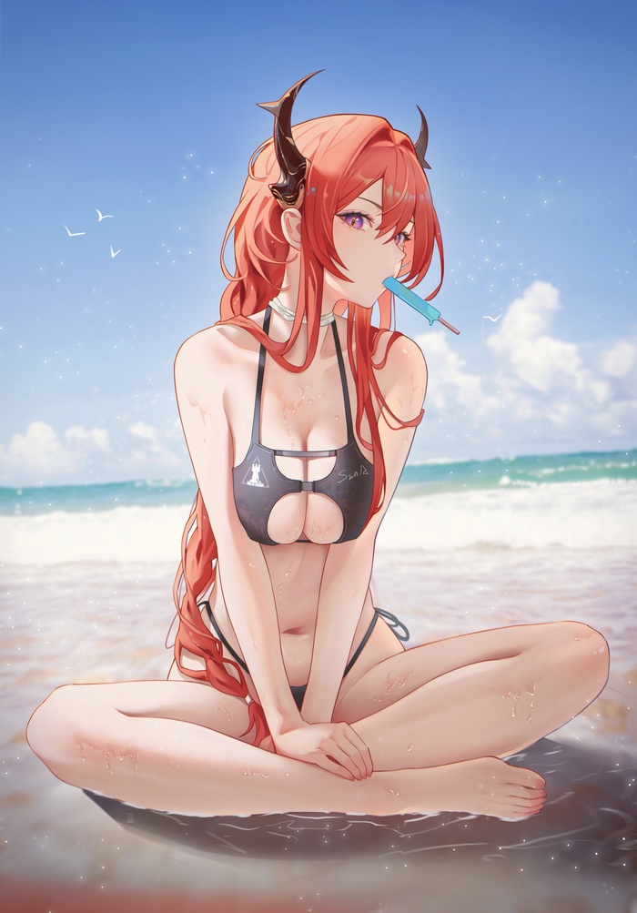 Surtre - NSFW, Anime art, Anime, Surtr, Arknights, Swimsuit, Beach, Ice cream