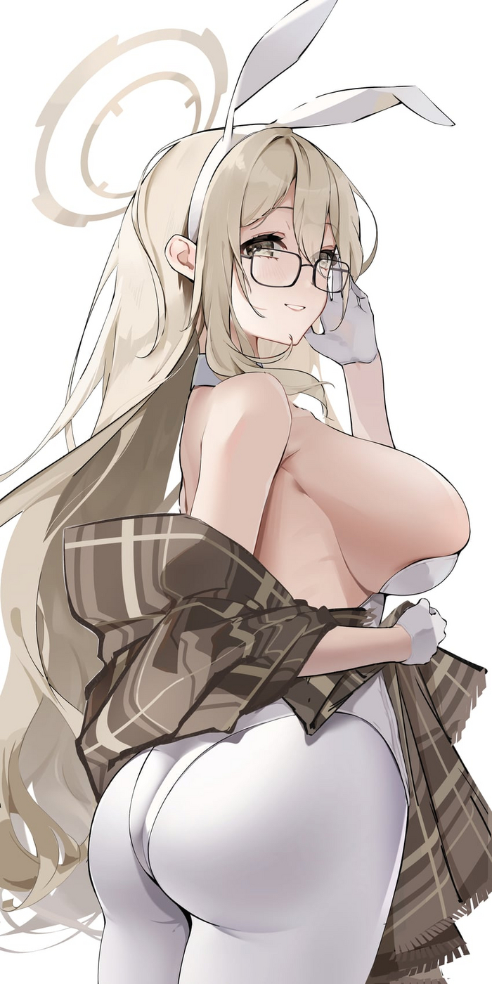 Bunny Akane - NSFW, Anime, Anime art, Blue archive, Murokasa Akane, Bunny ears, Booty, Tights, Girl in glasses