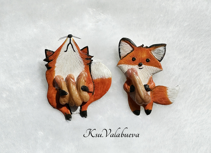 Chanterelles with - NSFW, My, Polymer clay, Fox, Brooch, Handmade, Decoration, Needlework, Needlework without process, Longpost, With your own hands