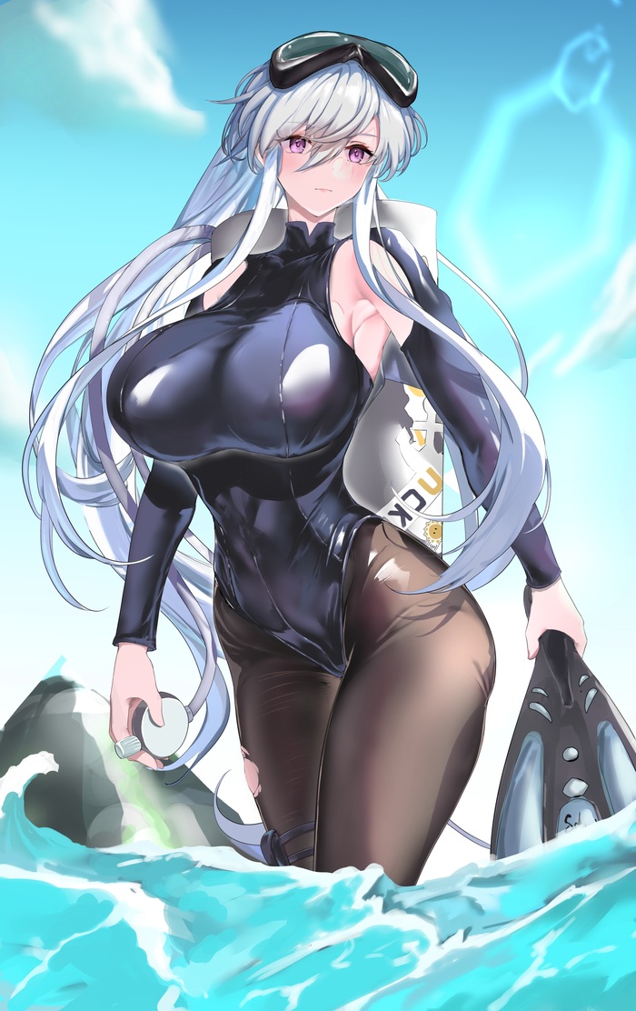 Enterprise - NSFW, Erotic, Art, Enterprise (Azur Lane), Azur lane, Swimsuit, Water, Wet, Hand-drawn erotica, Game art, Swimming goggles, Tights, Boobs, Anime art, Longpost