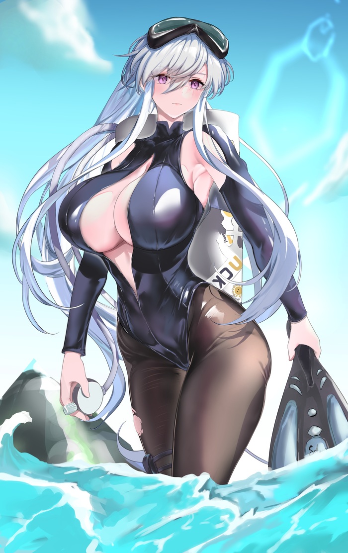 Enterprise - NSFW, Эротика, Арт, Enterprise (Azur Lane), Azur Lane, Купальник, Вода, Мокрая, Рисованная эротика, Game Art, Очки для плавания, Колготки, Сиськи, Anime Art, Длиннопост