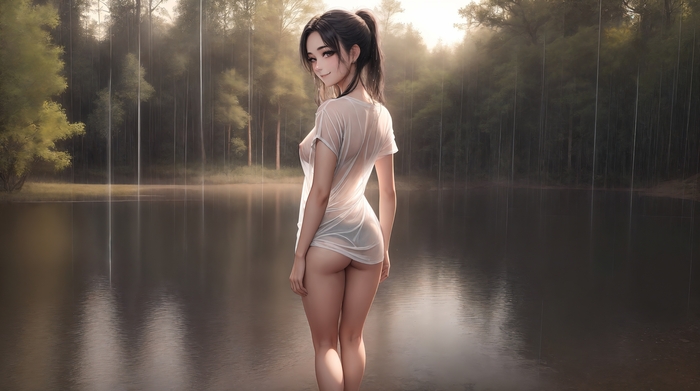 Lets swim? - NSFW, My, Art, Neural network art, Stable diffusion, Girls, Erotic, Rain, Desktop wallpaper, Anime