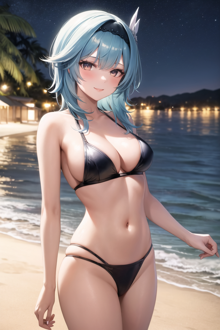 Eola - NSFW, Neural network art, Boobs, Stomach, Navel, Anime, Anime art, Swimsuit, Beach, Eula (Genshin Impact), Genshin impact