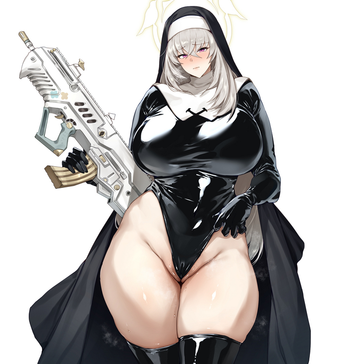 Curvy Battle Nun Utazumi Sakurako from Blue Archive by thirty 8ght - NSFW, Anime, Anime art, Hand-drawn erotica, Fullness, Extra thicc, Blue archive, Utazumi Sakurako, Nun, Weapon, Long hair