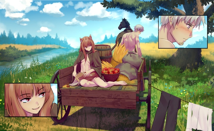 Halt - NSFW, Art, Anime, Anime art, Spice and wolf, Holo, Erotic, Hand-drawn erotica, Without underwear, Boobs, Nudity, Animal ears, Tail, Carts, Horses, River, Iskanderednaksi
