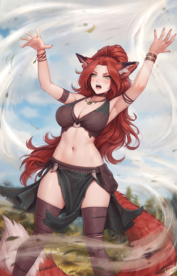 Ajhira - NSFW, Art, Drawing, Original character, Kitsune, Girls, Hand-drawn erotica, Without underwear, Topless, Boobs, Pubis, Pubes, Labia, Choker, Animal ears, Tail, Red hair, Personalami, Longpost