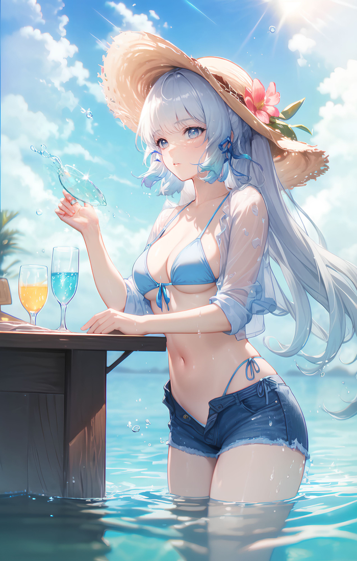 Ayaka - NSFW, Genshin impact, Stomach, Navel, Hat, Boobs, Neural network art, Anime, Anime art, Swimsuit, Kamisato Ayaka, Kamisato Ayaka (Genshin Impact)