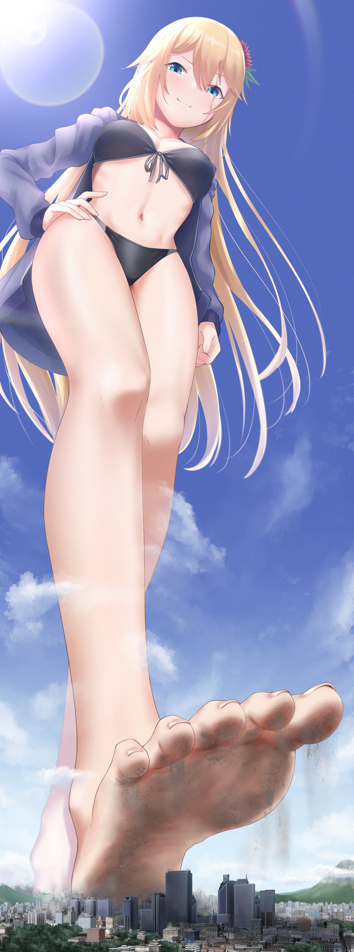 Advancing on the city - NSFW, Anime art, Giantess, Mega-giantess, Swimsuit, Town, Longpost