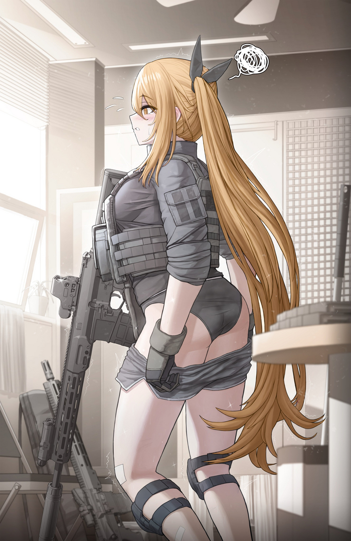 Warrior with shorts down from cheogtanbyeong - NSFW, Anime, Anime art, Hand-drawn erotica, Military, Bulletproof vest, Machine, Pantsu, Shorts, Long hair