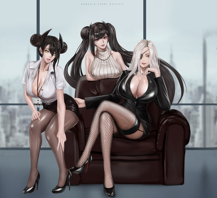 Agent, Ouroboros and Alchemist from Girls' Frontline by GCG - NSFW, Anime, Anime art, Hand-drawn erotica, Girls frontline, Ouroboros, Boobs, Stockings, Pullover, Hips, Long hair, Cigarettes, Eye patch, Heels, Agent