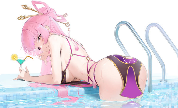 Fu Xuan - NSFW, Anime art, Honkai: Star Rail, Fu Xuan (Honkai: Star Rail), Swimsuit, Swimming pool