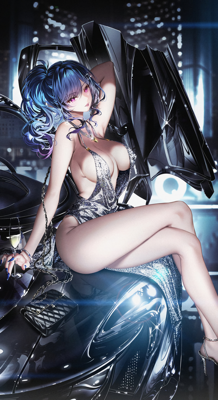 Sexy St. Louis from Azur Lane on the background of McLaren P1 by junpaku karen - NSFW, Anime, Anime art, Hand-drawn erotica, Azur lane, Boobs, The dress, Hips, Sports car, Heels, Long hair, Alcohol, St louis