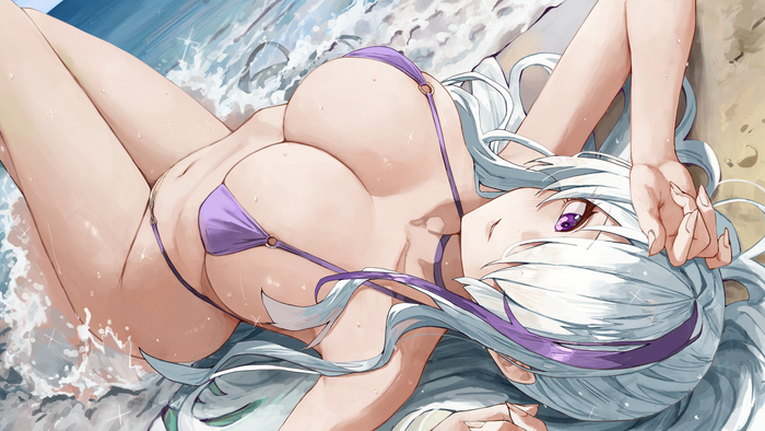 Милаха Unzen из Azur Lane в купальнике от ki-16 - NSFW, Аниме, Anime Art, Рисованная эротика, Azur Lane, Сиськи, Купальник, Живот, Бедра, Длинные волосы, Пляж, Unzen