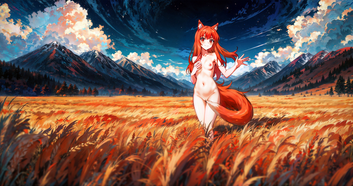 Holo - NSFW, Anime art, Anime, Spice and wolf, Holo, Neural network art, Hand-drawn erotica