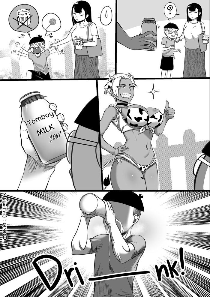 Baby doesn't want to drink milk? There is a solution! - NSFW, Nesz_r, Art, Anime, Anime art, Hand-drawn erotica, Boys, Swimsuit, Cowsuit, Twitter (link), Comics