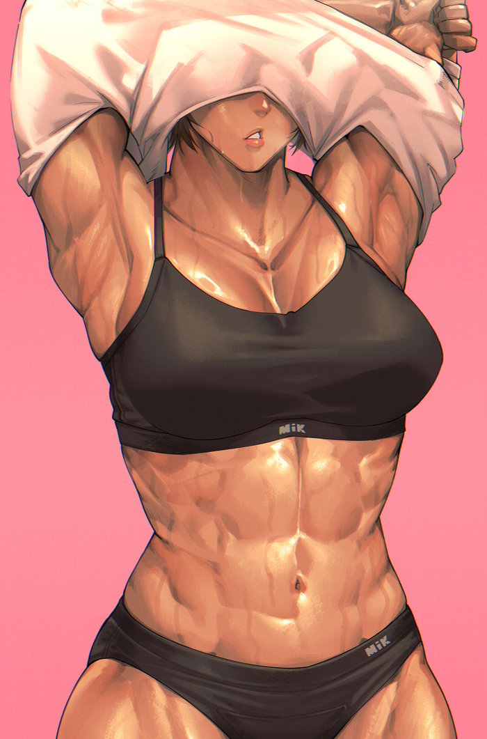 Muscular girl by mikel (4hands) - NSFW, Anime, Anime art, Hand-drawn erotica, Strong girl, Press, Sports uniform, Sweat, Hips, Original character