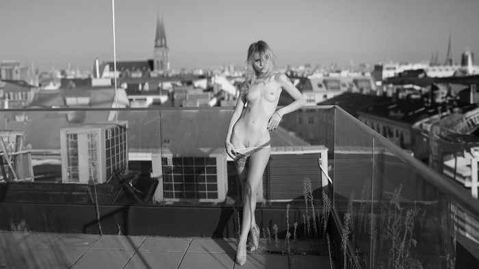 Good! - NSFW, Girls, Erotic, Boobs, Nudity, The photo, Black and white photo, Town, Roof, Naked, Portrait